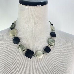 Glass square circle black statement necklace Italy muted color grey Hand tied